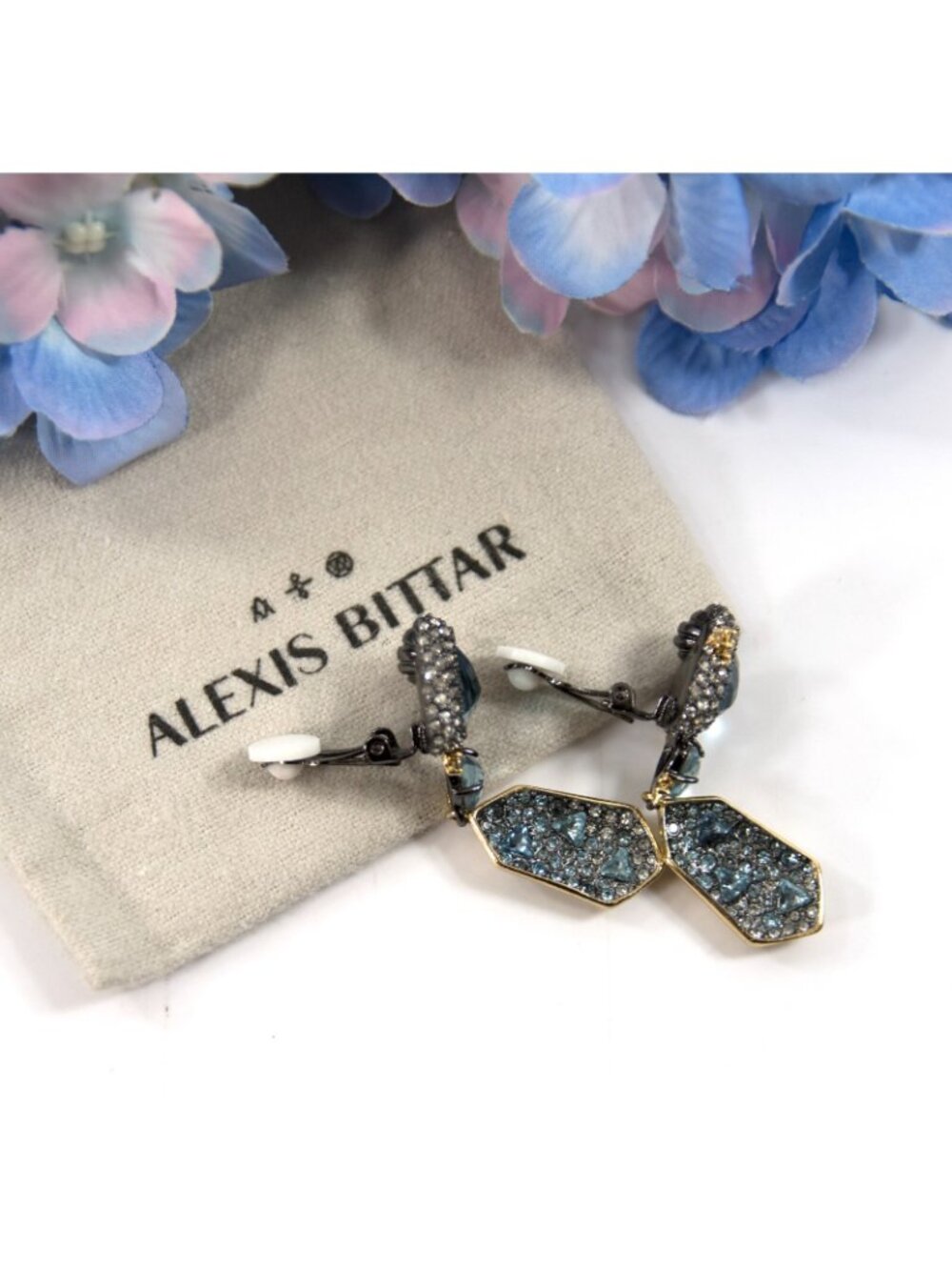 Alexis Bittar Blue Crystal Rhodium Plated Shield Drop CLIP ON Earrings NWT RARE! - Picture 4 of 6